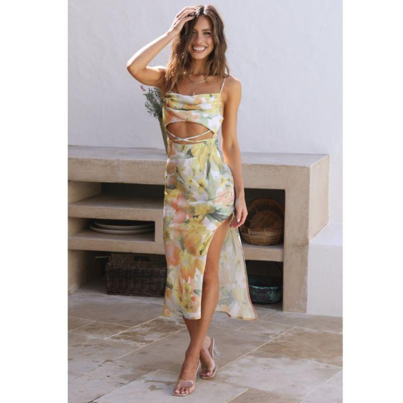 Sexy Nightclub Western Style Summer New Word Collar Hollow Out Backless Split Print Sling Dress Dress