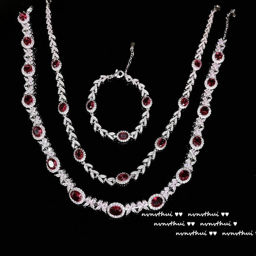 Myanmar Mogok Pigeon Blood Ruby Wheat Spike Necklace, Neon-Plated 18K Gold Christmas Red Zircon Bracelet Set
