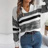 Women Autumn Winter Casual Polo Collar Contrast Stripe Long Sleeve Knit Pullover Sweater