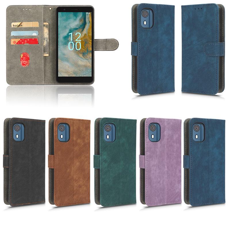 Compatible Nokia C02 Leather Case: Flip Stand with Card Slot & Magnetic Lanyard