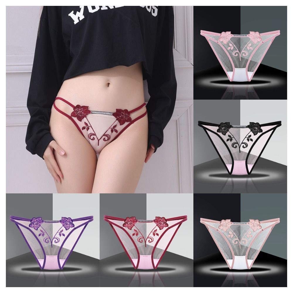 Cotton Crotch Mid Waist Mesh Briefs Thin Belt Mesh Transparent Underpants Female