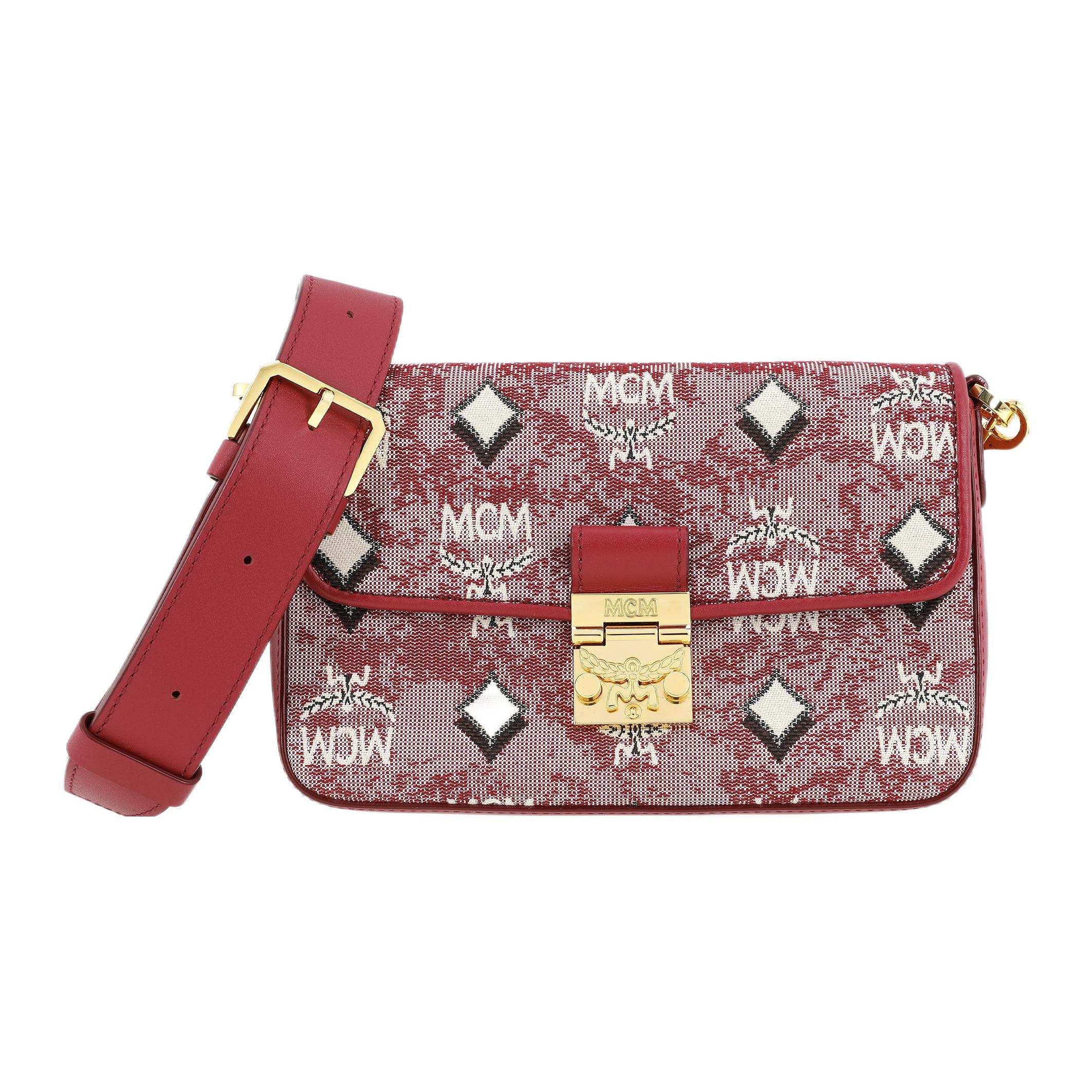 

New MCM Jacquard Fabric, Nappa Leather Crossbody Bag, Shoulder Bag Small Women s Red MWRBATQ04RE001 19.1*4.1*13.0CM