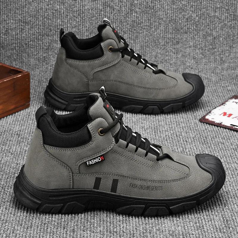 Fashion Men's Shoes 2025 Spring New High Top Leather Casual Sports Shoes Fashionable British Style Thick Soled Anti Slip Work Boots