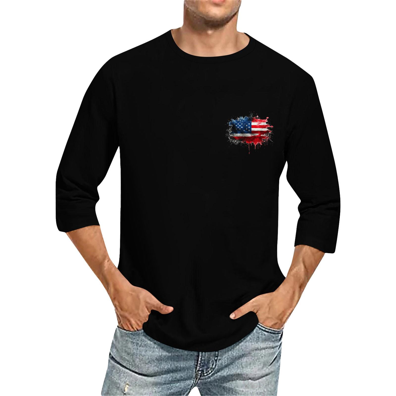 Men S Round Neck Three-Quarters Sleeve Top Casual Fashion T-Shirt M чёрный
