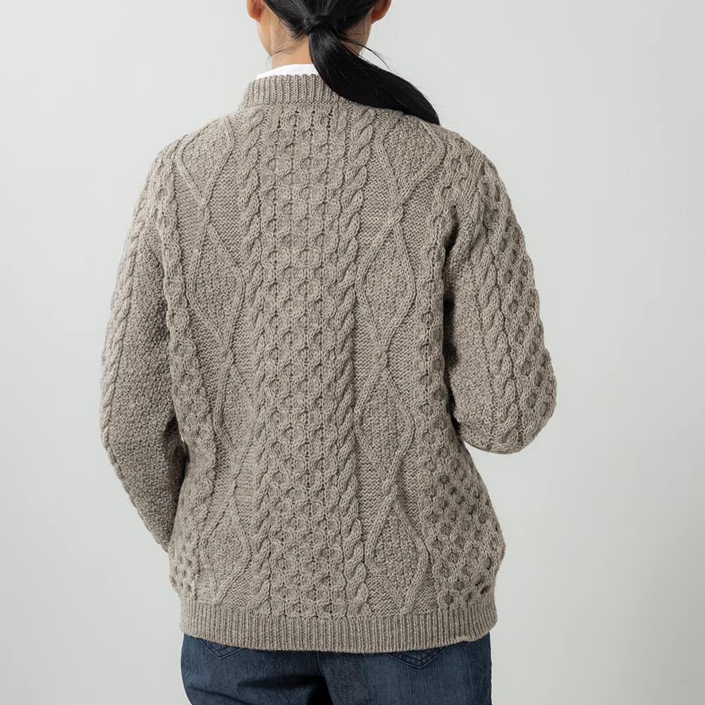 Cooper Cable Crew Neck Made in Winter J.M. Women's Cardigan, England, Wool, Thick, (Size L, Beige)