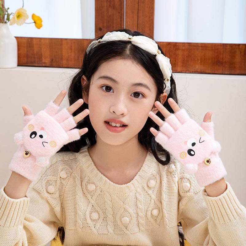 1 Pair Kids Flip Mittens with Finger Caps Winter Warm Gloves with Cartoon Print Breathable Five-Finger Design for Boys Girls
