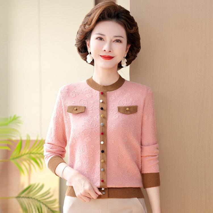 Young Mother Spring Clothes, Small Fragrance Style Top for Women In Autumn, New Style, Knitted Base Shirt, Middle-aged and Elderly Sweater