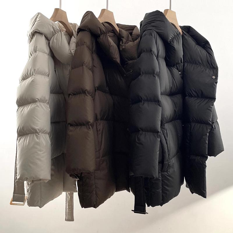Winter Hooded Women's Down Jackets Warm Casual Lace Up Coat Puffer Jacket Belt Elegant Parka Overcoat