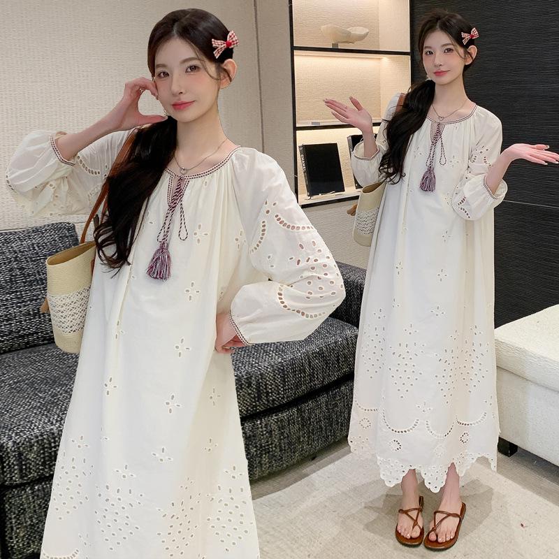 In-Stock Bohemian Maternity Maxi Dress with Cotton Embroidery - Spring/Summer M