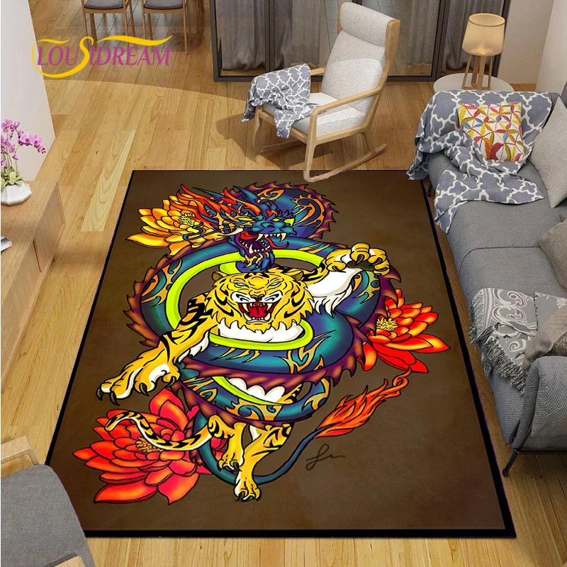 Alfombra Dragon and Tiger Fight Carpet Living Room Sofa Coffee Table Door Bedroom Rug Kitchen Kid Anti-slip Floor Mat Home Decor