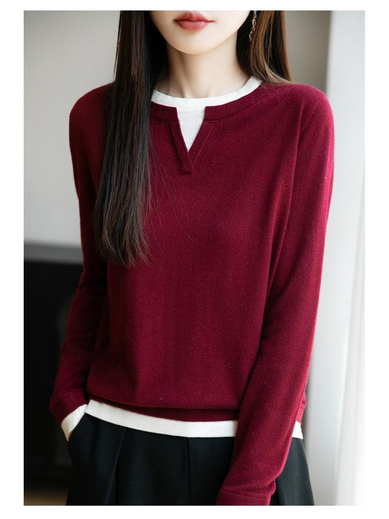 Women's 2025 Autumn/Winter Round Neck Two-Piece Look Wool Knit Long Sleeve Versatile Pullover Sweater Top