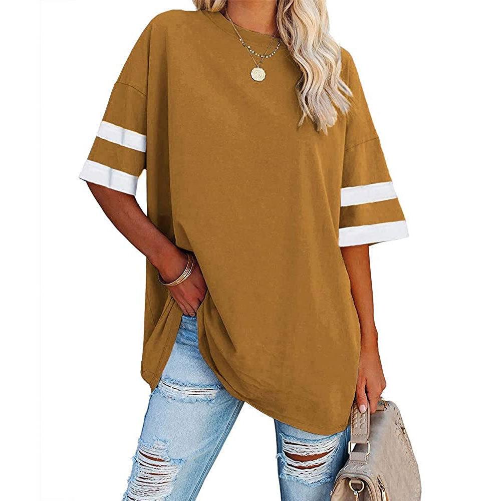 Women's Loose Half-sleeve Round Neck Colour Clashing Drawstring T-shirt