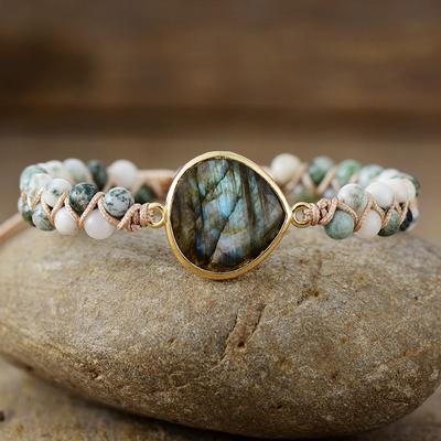 BLINGBAY Damen-Armband, Labradorit, doppelt geflochten, böhmische Perlen, Freundschaftsarmband, Ornament, moderner Schmuck, Geschenk