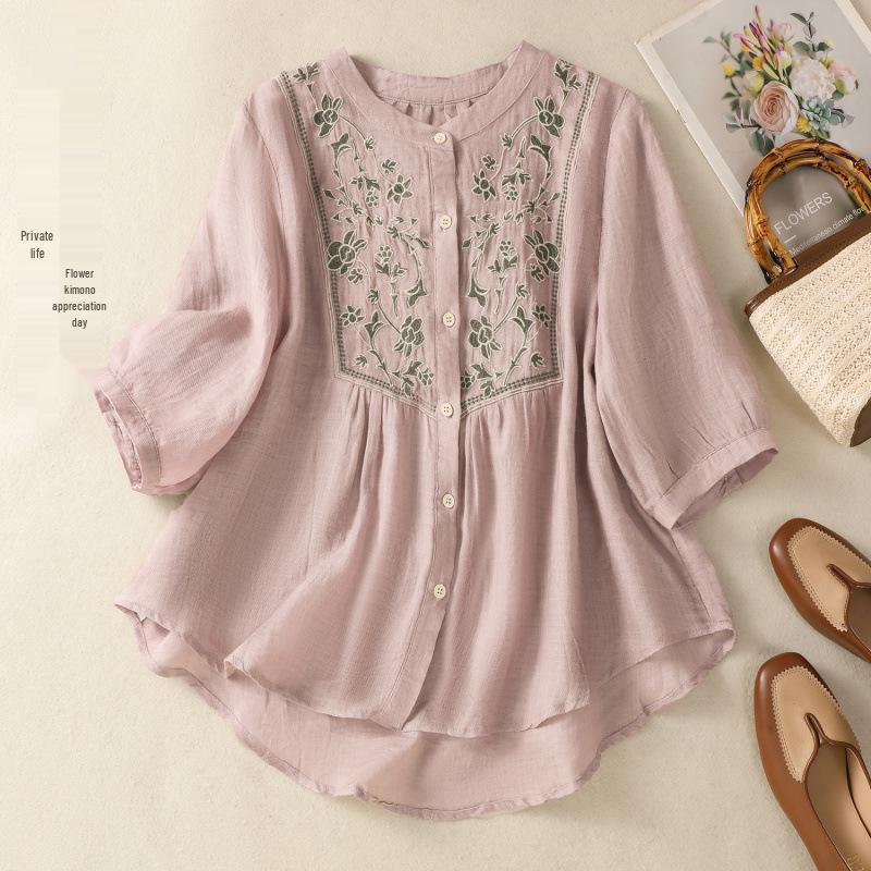 2025 Women's Retro Linen Shirt: Elegant Stand Collar, Single-Breasted, Embroidered Design