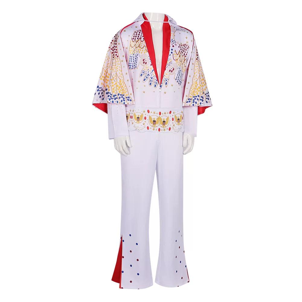 Movie Presley Cosplay Costume Diamond Rock Singer Cosplay Adult Children White Printed Jumpsuit Suits Halloween Costume