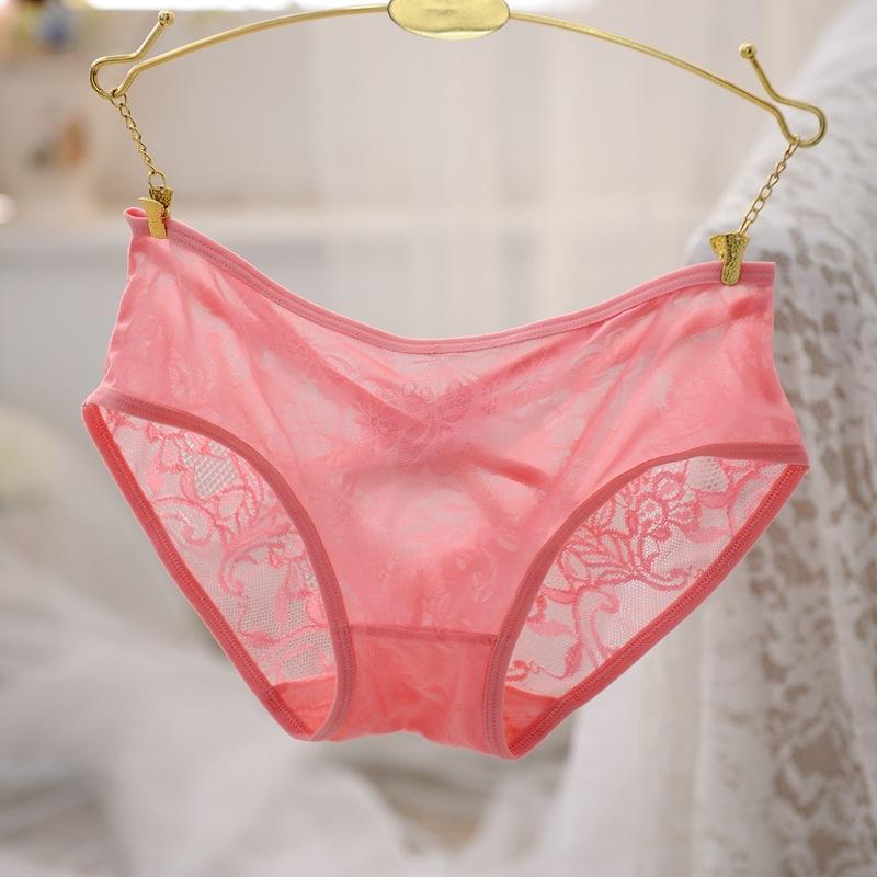 Ladies Spring and Summer Sexy Lace Bow Splicing Mesh Cross Hollow Low Waist Pure Cotton Crotch Underwear