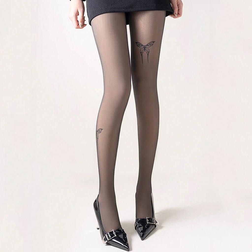 1 Pc Women's Black Butterfly Sheer Tights, Stylish Chic Design Footed Pantyhose for Spring & Autumn
