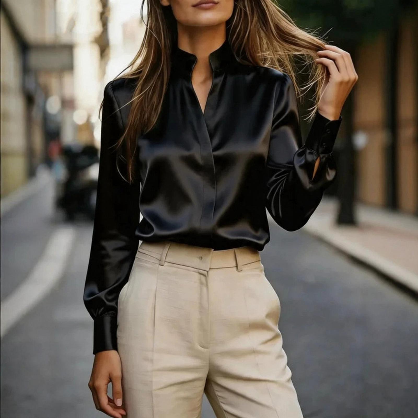 Women s V Neck Satin Blouse Long Sleeve Color Work Top L