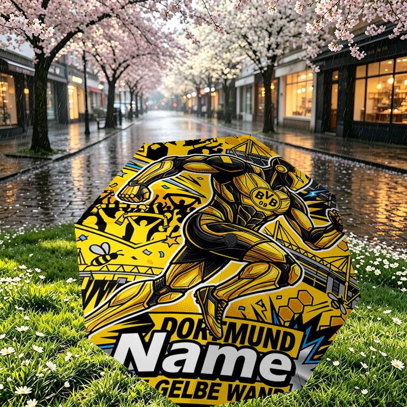 Custom Name Personalized Borussia Dortmund Bvb Print Umbrella, Auto Open Close, 8‑Rib Sturdy Frame, Commute Camping Hiking Use, Birthday Gift