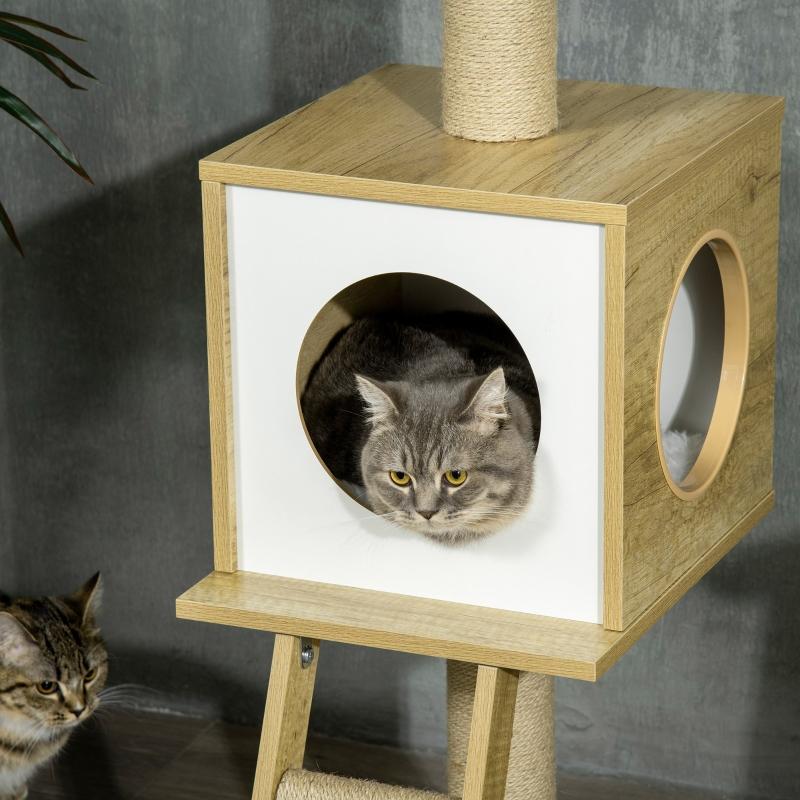 Cat tree, ceiling-high, cat house, two platforms, hammock, anti-tip device, light brown+beige, 40 x 40 x 260 cm