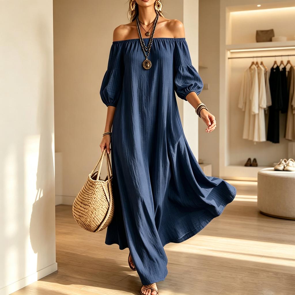 Women's Off-the-Shoulder Neck Puff Sleeve Dress, Color Elegant Casual Dress