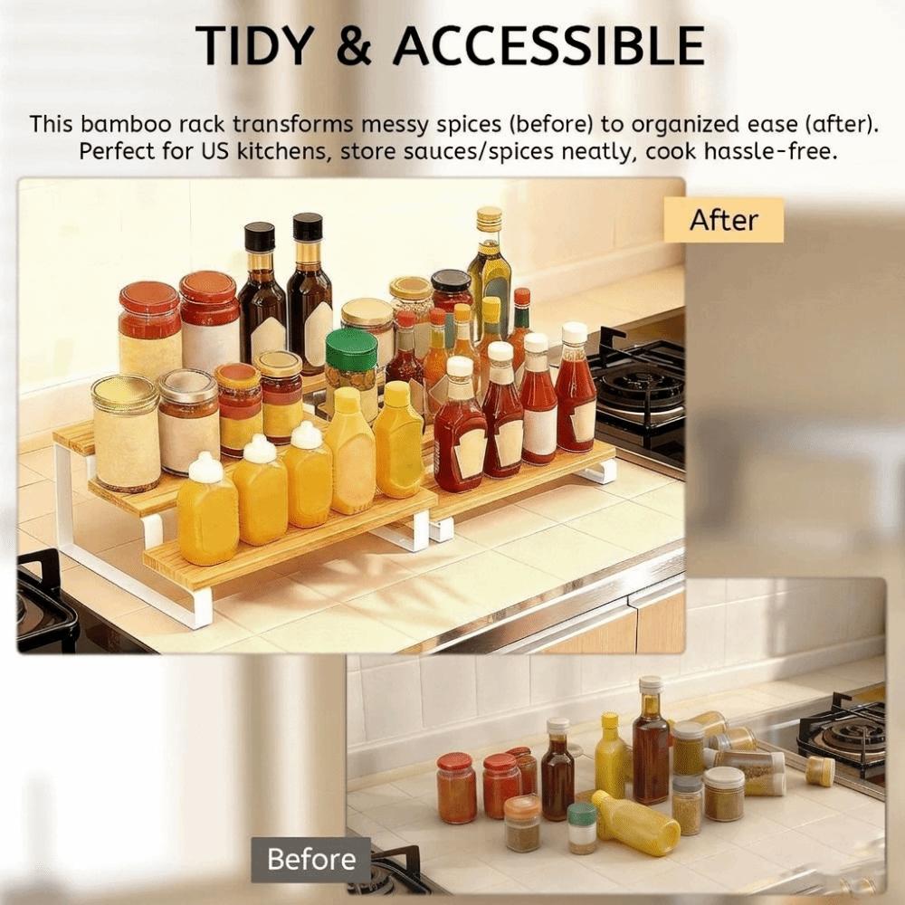 Large Capacity Expandable Step Storage Rack Bamboo Model Display Stand  For Kitchen