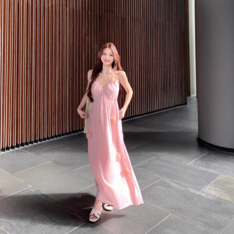 Pink Collar Three-dimensional Flower Suspender Dress Women's Summer French Temperament High-end Vacation Waist Dress