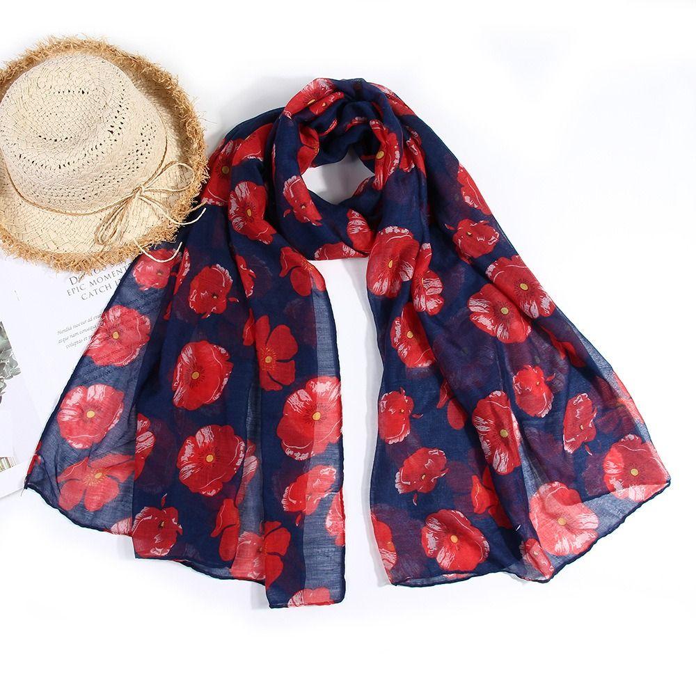 Colorful Poppy Print Scarf 180*90cm Smooth Poppy Floral Shawl Breathable Cotton Voile Poppies Floral Wrap for Women Ladies