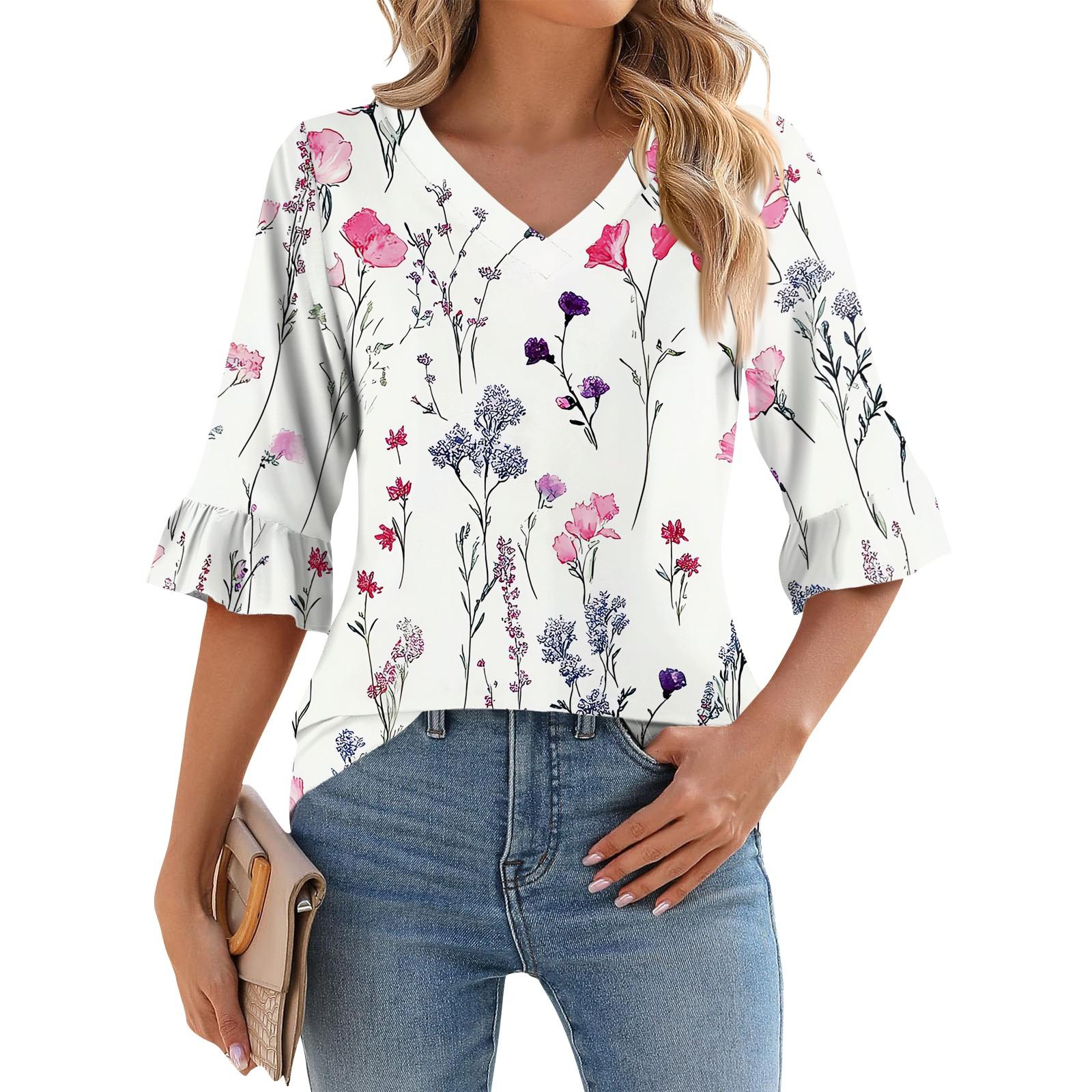 

Женская повседневная футболка с рукавом 3/4, летняя футболка с V-образным вырезом и пышными рукавами, гавайский принт L бежевый