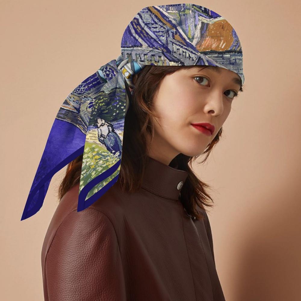 90Cm Twill Silk Scarf Fashion Shawl Van Gogh Oil Painting Square Scarf Women Hijab Bandana Foulard Head Scarves Wraps