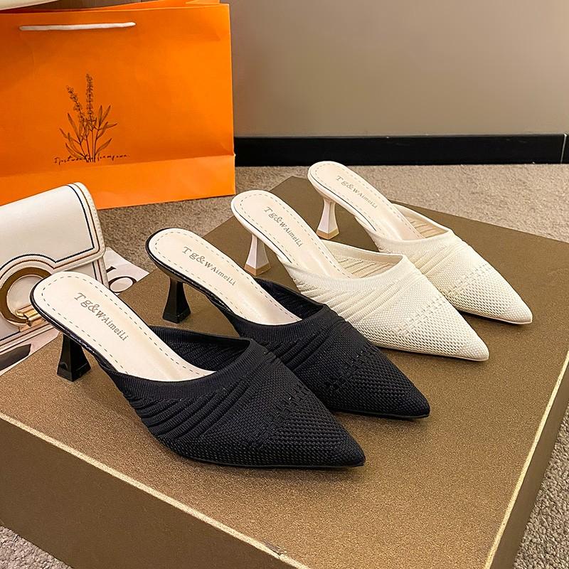 Fashion New Summer Soft Roman Rubber Fabric Slippers Casual Stretch Fabric Baotou Women's Slippers Women's Low Luxurious Pointed Toe