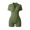 Women's Stand Collar Short Sleeve Romper Slim Fit High Waist Casual Ribbed Jumpsuit With Front Zipper For Yoga Workout Daily Wear