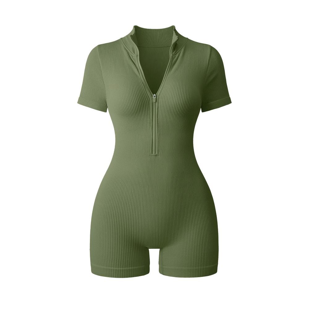 Women's Stand Collar Short Sleeve Romper Slim Fit High Waist Casual Ribbed Jumpsuit With Front Zipper For Yoga Workout Daily Wear