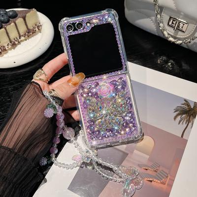 Pro Samsung Galaxy Z Flip 6 5 4 3 5G F7110 F7070 Roztomilý Elegantní Křišťálový Motýl Květina Diamant Perla Pouzdro na Zápěstí