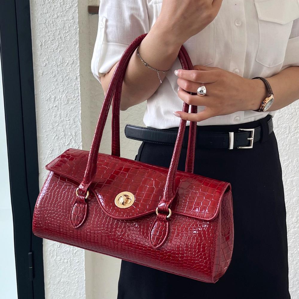 Women's Crocodile Pattern Handbag: Elegant PU Leather Top-Handle Satchel with Gold Lock, Retro Shoulder Bag for Work & Commute