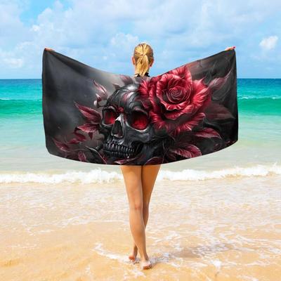 Serviette de plage Crâne Rose Gothique Artistique, Florale Vintage Séchage Rapide Absorbante, Grande Preuve de Sable Essentiels de Voyage Piscine Camping