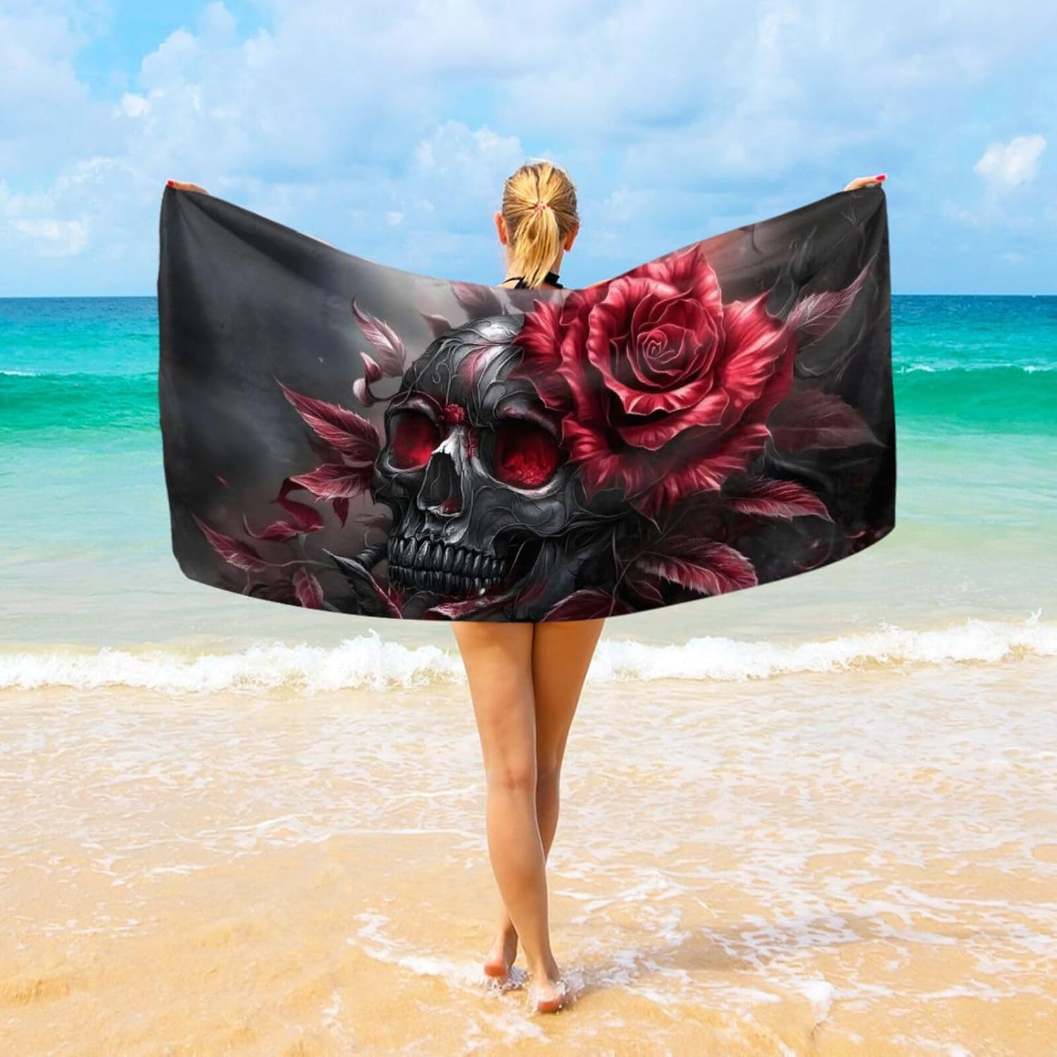 

Artistic Gothic Skull Rose Beach Towel, Vintage Floral Quick Dry Absorbent, Large Sand Proof Travel Pool Camping Essentials W30*H60(CM)