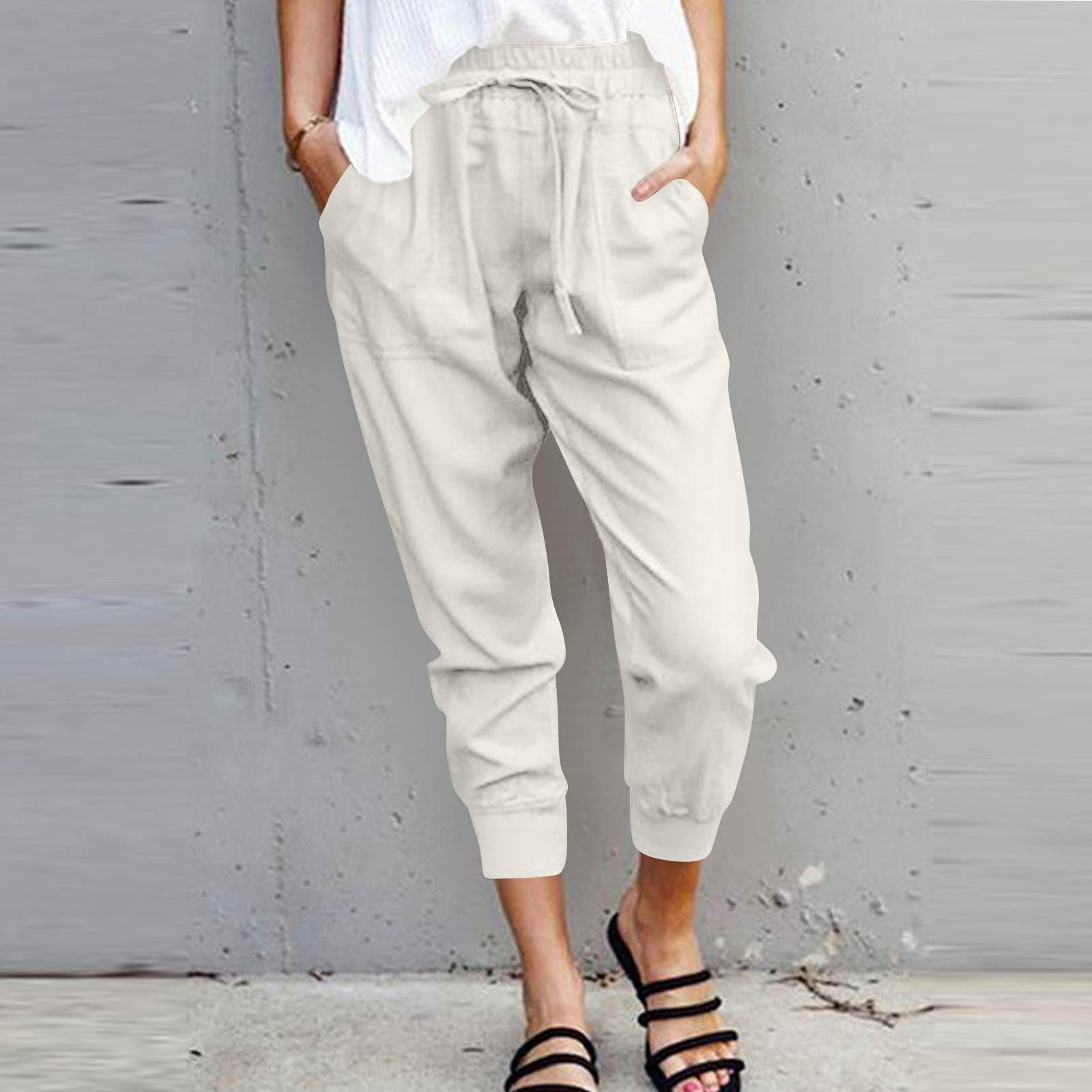 

Женские однотонные повседневные брюки с эластичным поясом и карманами XL белый