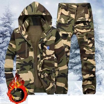 Men's Autumn Outdoor Set Winter Outdoor Hooded Fleece Thickening Suit Hooded Top+Pants 2-Piece Set