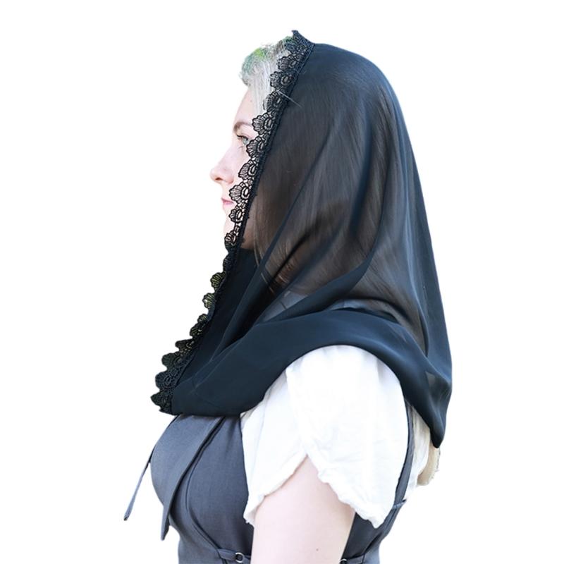 Stylish Black Chiffon Lace Wrap Elegant Women Headscarf Breathable Soft Scarf for Casual Outfits