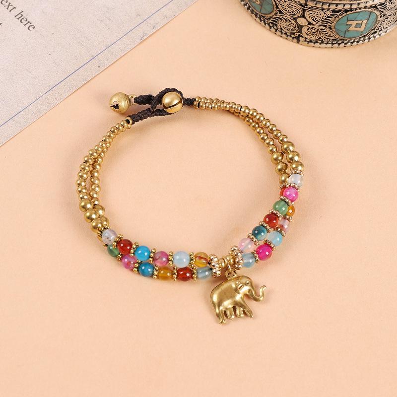 Ethnic Hand-Woven Elephant Bracelet: Bohemian Tibetan Style with Vintage Double Beads and Bell Charm for Women