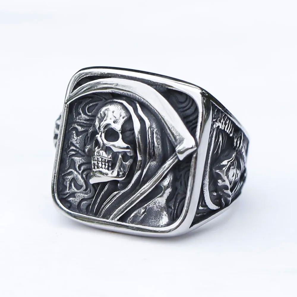 Gothic Vintage Todes Sichel Totenkopf Ring für Herren 316L Edelstahl Hip Hop Biker Skelett Ringe Punk Party Schmuck Großhandel