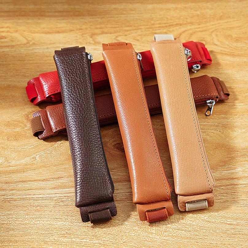 Natural Cowhide Zipper Pencil Pen Case Vintage Retro Pen Pouch Vegetable Tanned Leather Pencil Bag for School Stationery Supply