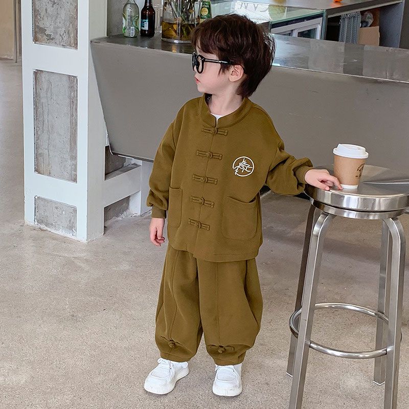 

Детское пальто в китайском стиле однотонное для мальчиков, повседневный топ и брюки, комплект из двух предметов для малыша 150