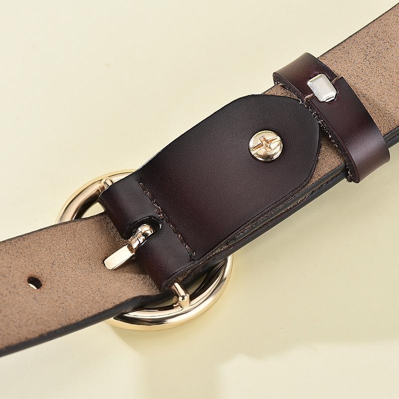 Belt Women'S Leather Belt, Women'S Round Buckle Cowhide Belt, Belt Women'S