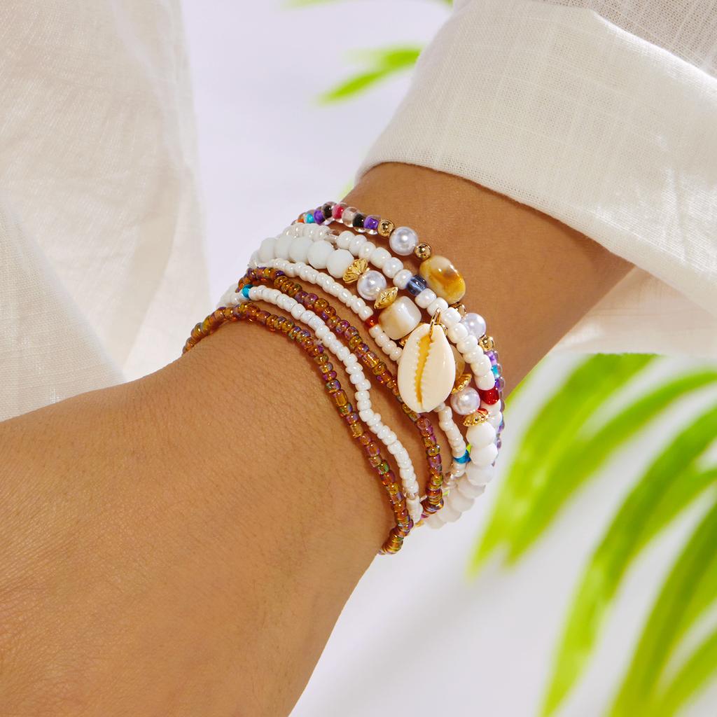 Bohemian Shell Set Bracelet Pendant Versatile Niche Design Women's Rice Bead Multi-layer Elastic Bracelet
