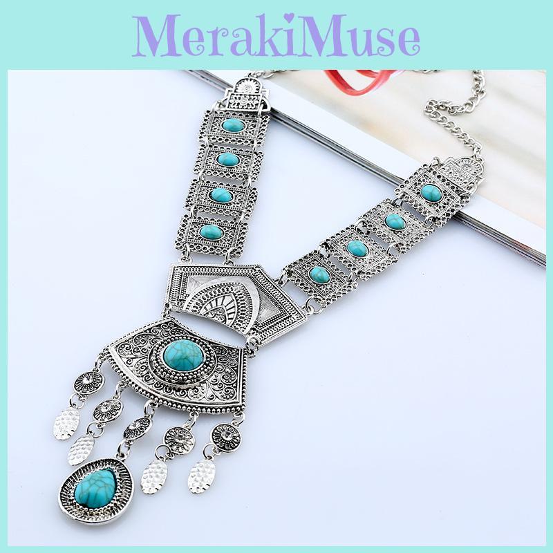 Style Simulation Ethnic Gemstone Decoration Women Metal Necklace With Tassel