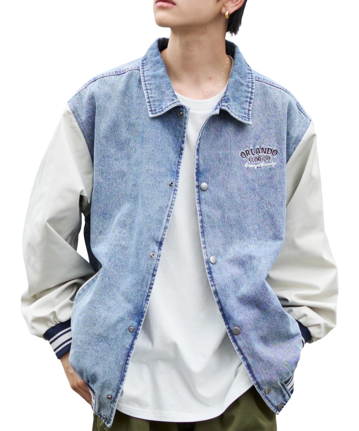 WEGO Unisex Denim Stadium Loose Size Lightly Finished Denim Men s Jacket, Oversized, Fit, Fall/Winter Outerwear, Streetwear, Gift, L,