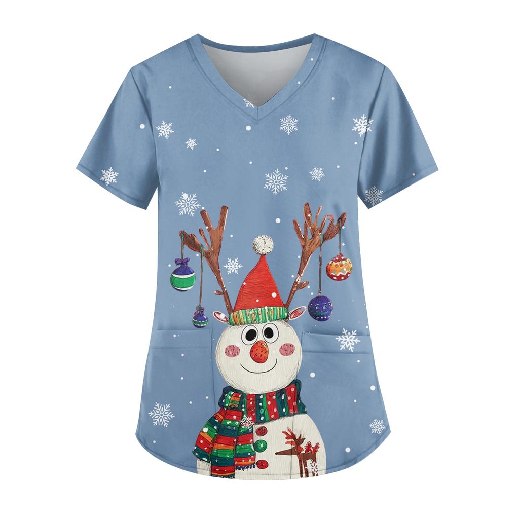 Ladies' Fashionable V-neck Pocket Short Sleeved Christmas Tree Printed Caregiver Uniform