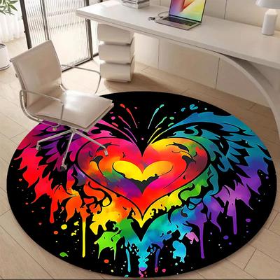 1PC Heart Rainbow Office Round Area Rug, Mat Suitable ForOffice, Under Office Chairs Bedroom Living Room Home Decor, Room Deco